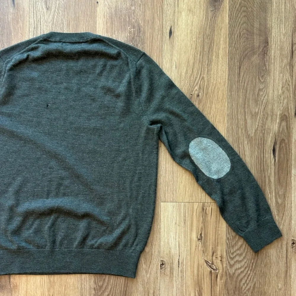 Banana Republic Mens Merino Wool Crewneck Sweater Green Elbow Patches Size M